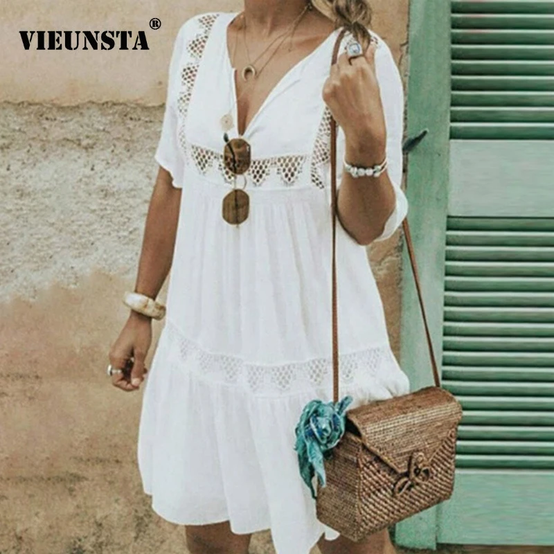 

VIEUNSTA 5XL Hollow Out V-neck Patchwork Mini Dress Women Casual Short Sleeve Party Beach Sundress Sexy Summer Dresses Vestidos