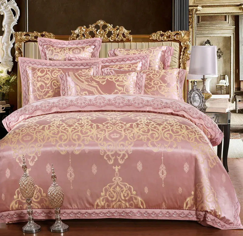 White Silver Color Jacquard Luxury Bedding sets 4/6 Pcs Queen/King size lace cotton Stain Bed set Bed linen Duvet cover pillow 93