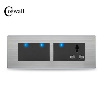 

COSWALL 3 Gang 2 Way Wall Light Switch LED Indicator With 3 Hole Universal Power Socket Stainless Steel Panel 197* 72mm