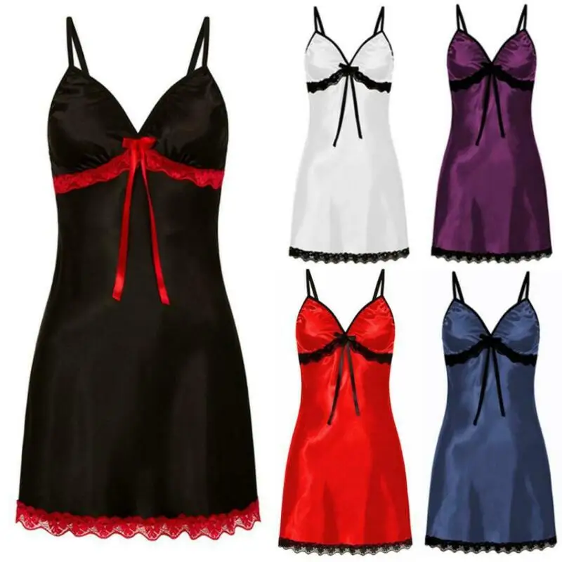 

Sexy Silk Satin Night Dress Sleeveless Nighties V-neck Nightgown Plus Size Nightdress Lace Sleepwear Nightwear For Women