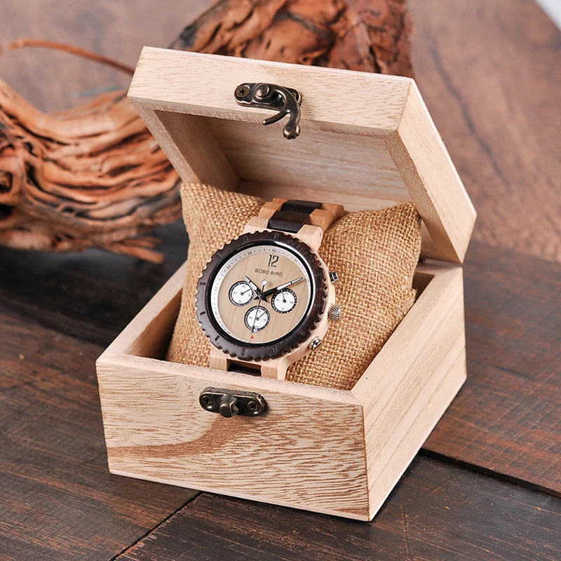 BOBO BIRD Two-tone Wooden Watches for Men Engraved Leather Chronograph Watch with Date Display relojes hombre 2018