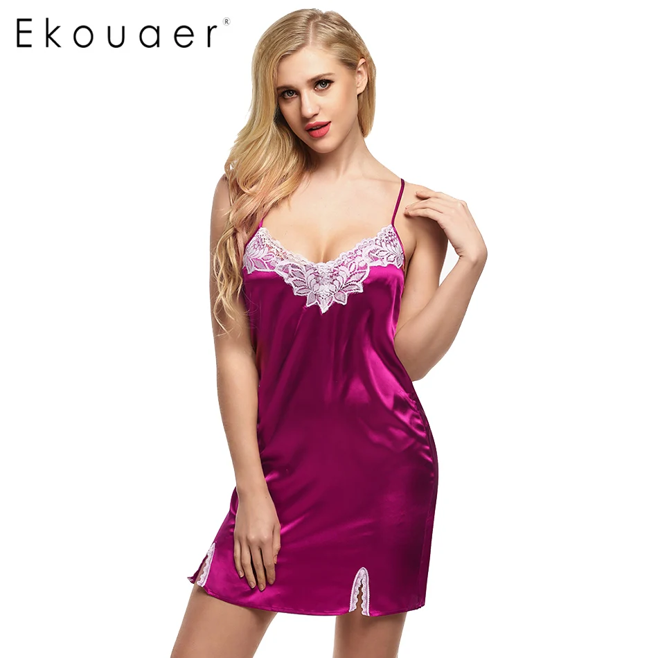 Ekouaer 뜨거운 판매 여성 잠옷 스파게티 스트랩 섹시한 새틴 레이스 접합 잠옷 V 넥 여름 잠옷 여성 나이트 드레스