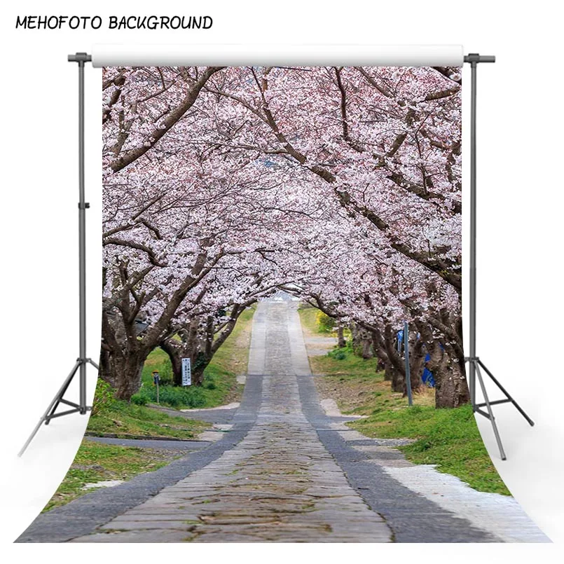 Фон фотографии Розовый Цветы Деревья 5x7ft Stone Road природа Scenic фотография Фон Ткань Пользовательские Свадебная фотосессия