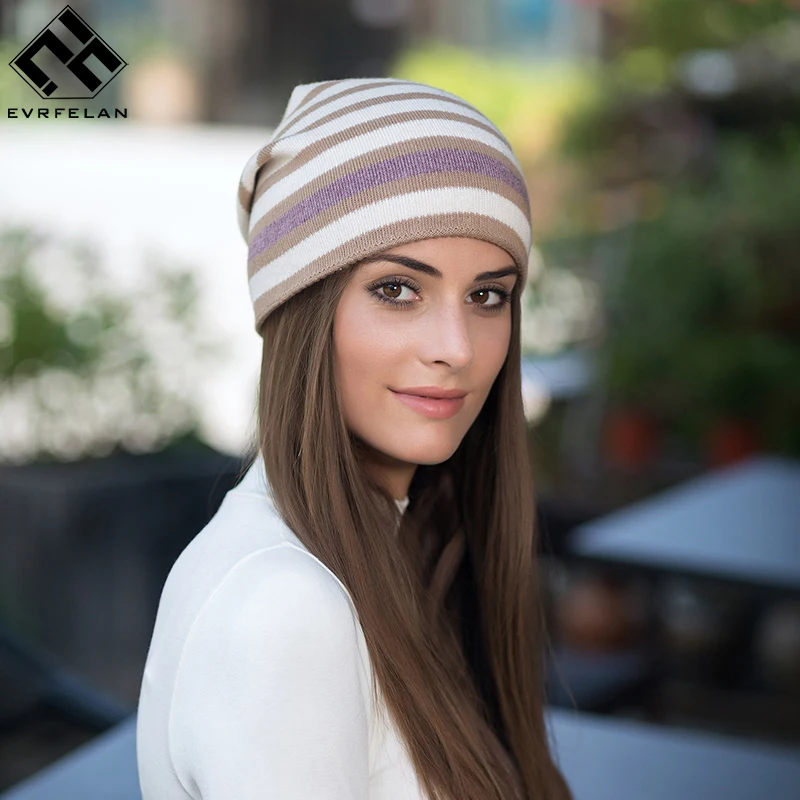 Evrfelan New Skullies Knitted Wool Hat Women Winter Cap Keep Warm