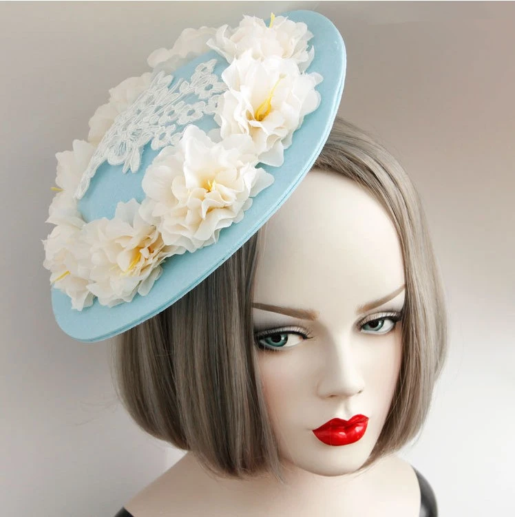 

Free ship light blue flowrs lace medieval hair decoration plat hat stage costume accessory