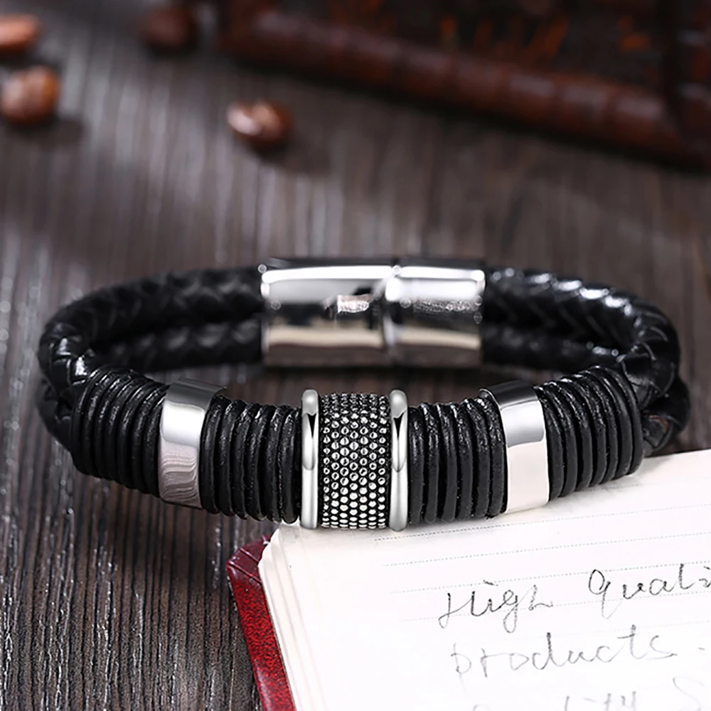 Casual Black Rope Chain Men Bracelets Simple Leather Knot Stainless Steel Buckle Bangle Male Wrist Chain Gift for Boy friend (9)