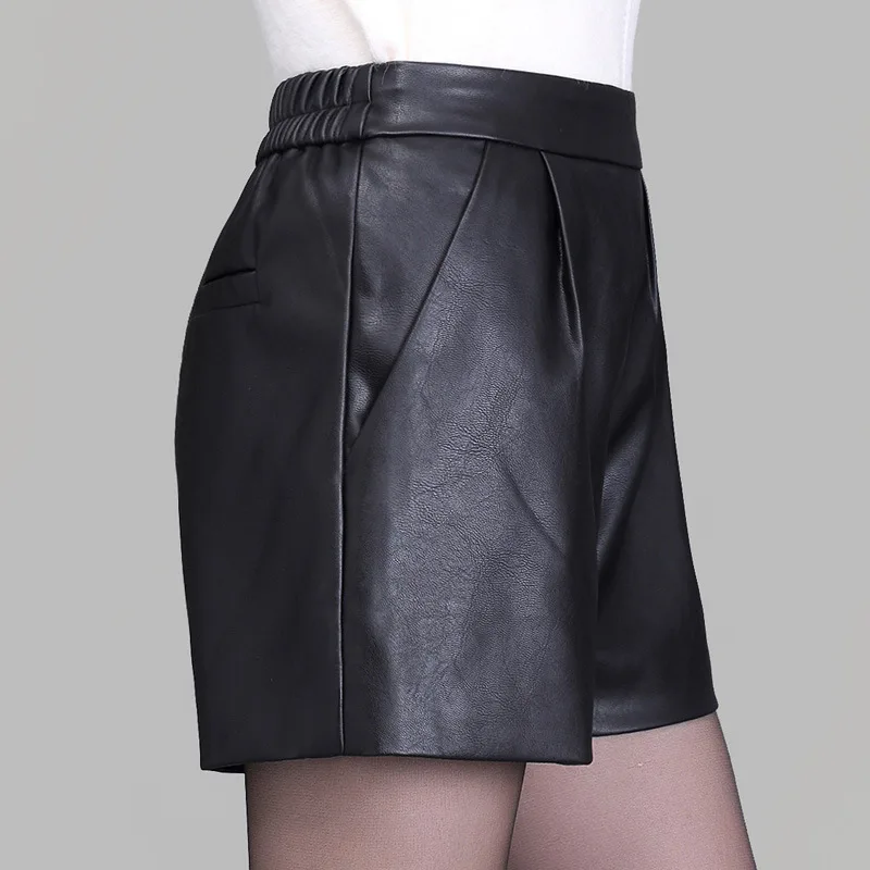 High waist Women Plus size leather shorts 2017 Autumn Fashion PU leathe Mosaic Ladies Skinny Black wide leg super shorts Girls