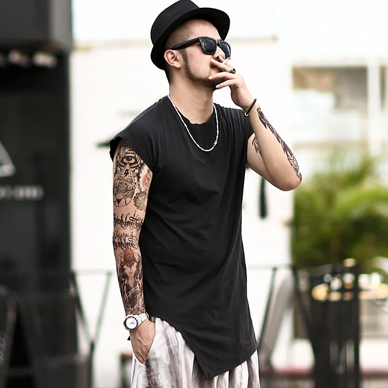 

Summer new irregular design men's long version casual sleeveless T-shirt brand clothing cotton top tees wide shoulder vest
