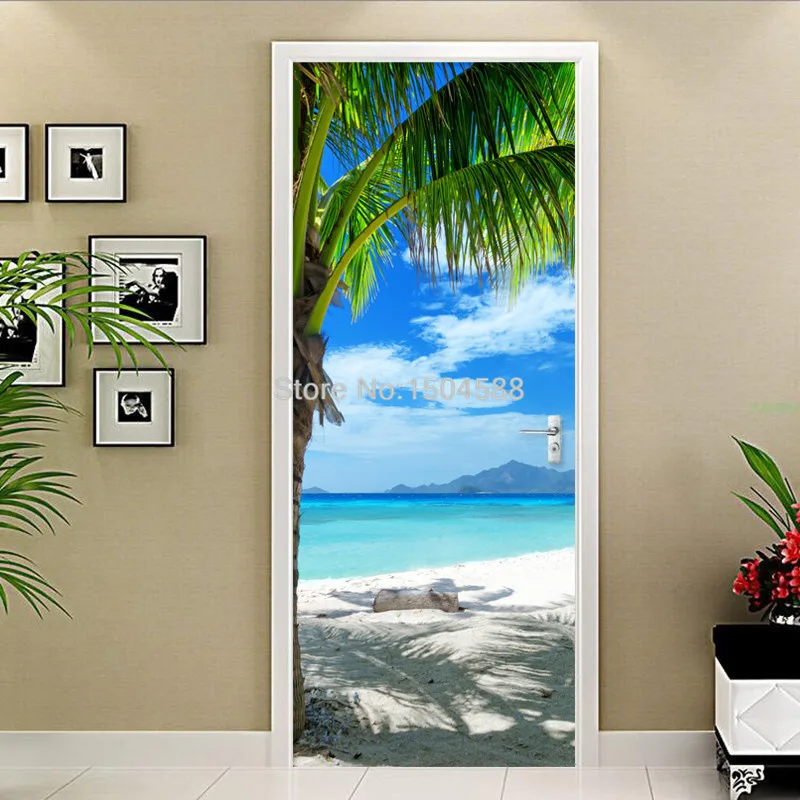 Современный 3D Пляжный Пейзаж, наклейка на дверь, для столовой, ванной комнаты, ПВХ, водонепроницаемый, самоклеющиеся, Настенные обои для стен, 3 D, наклейка s
