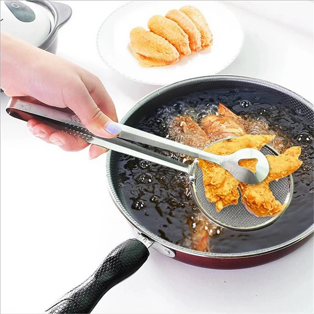 

Cooking Serving Food Clip Tong Stainless Steel Drain Oil Fried Food Strainer BBQ Salad Buffet Tool Kitchen Frying Mesh Colander