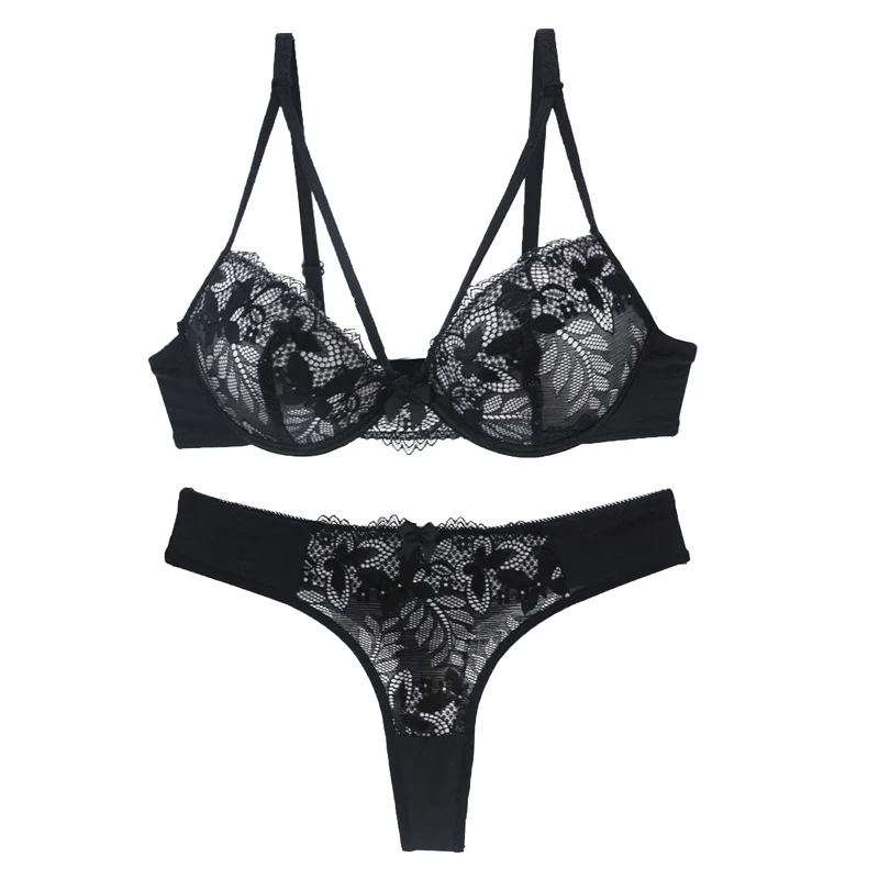 

Ultrathin Lingerie Panty Set Plus Size Bras A B C Cup Sexy Lace Push Up Bra Set Transparent Women Underwear Black Embroidery Bow