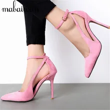 Cute Pink Pointed Toe Women Pumps 10CM Thin High Heels Ladies Suede Ankle Strap Wedding Party Dress Shoes Woman Valentine Shoe