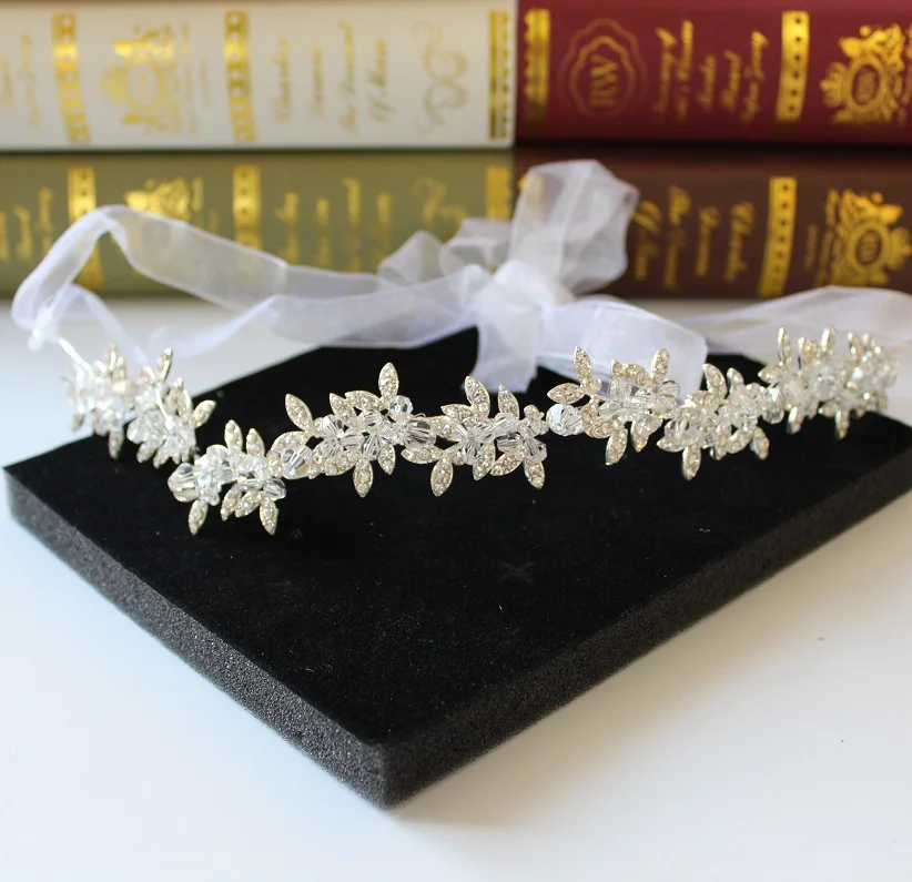

Creative leaves half handmade crystal beads flexible bride headdress alloy rhinestone ribbon headband wedding hair accessories