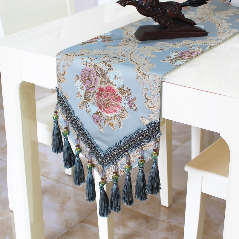 

Luxury Europe Runner with Beads Tassel Embroidered Wedding Table Runner Decorative Rectangle Table Runner Cloth Mat Wholesale