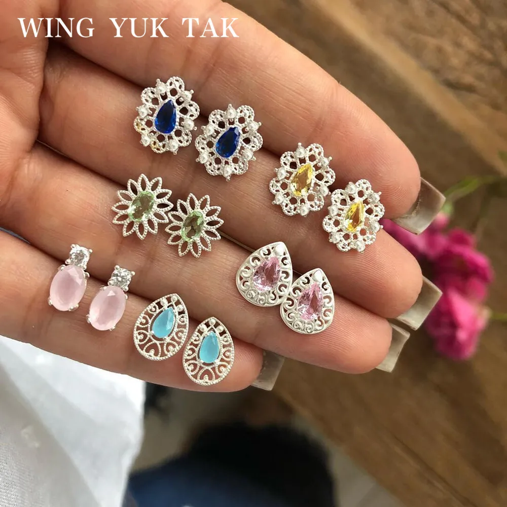 

Stud Earrings Set New Arrival Vintage Silver Color Bohemia Earrings for Women wing yuk tak Fashion Geometric Crystal Jewelry