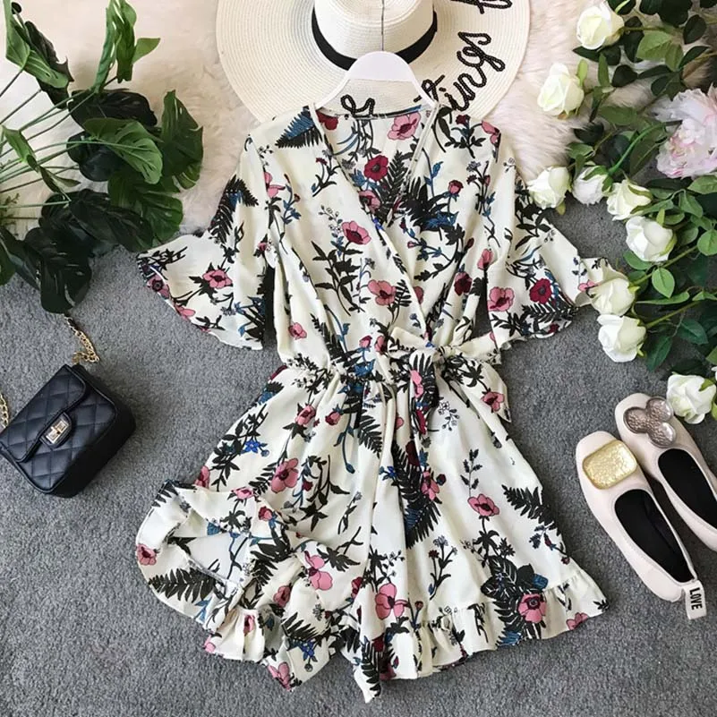 

NiceMix 2019 SummerWomen Chiffon V-neck Printed Flowers Playsuit Wide-leg Waistband Ladies Holiday Trumpet Sleeves Romper Overal