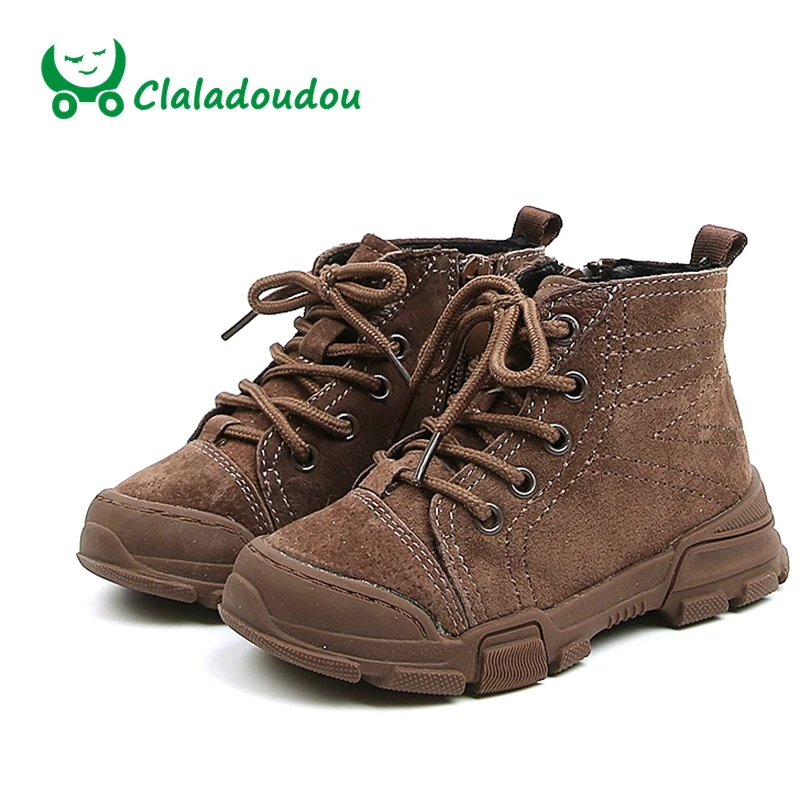 

Claladoudou 13.5-15.5CM Brand Genuine Leather Kids Rome Boots Suede Sewing Ankle Toddler Fluff Fashion Boot Black Boy Sneaker 11