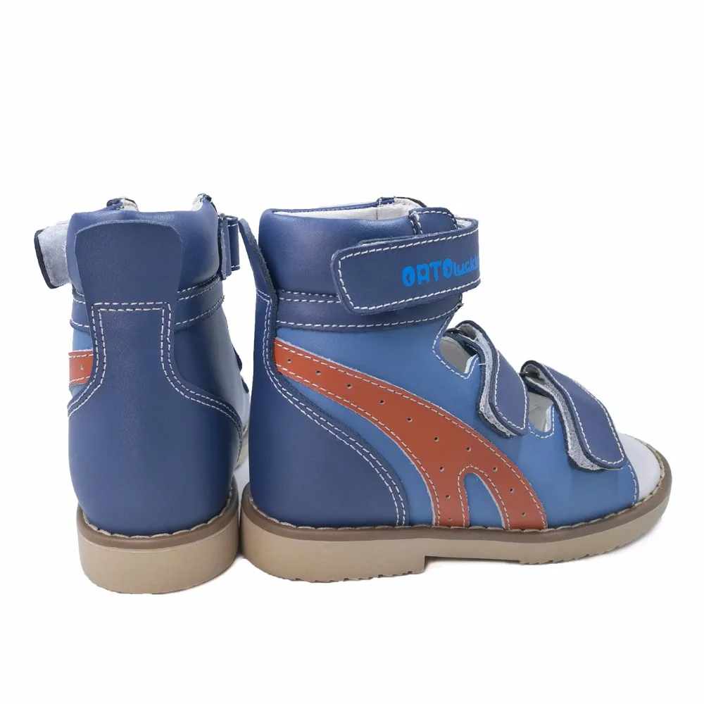 Крутые синие и оранжевые ортопедические сандалии из натуральной кожи для детей, детская обувь на плоской подошве