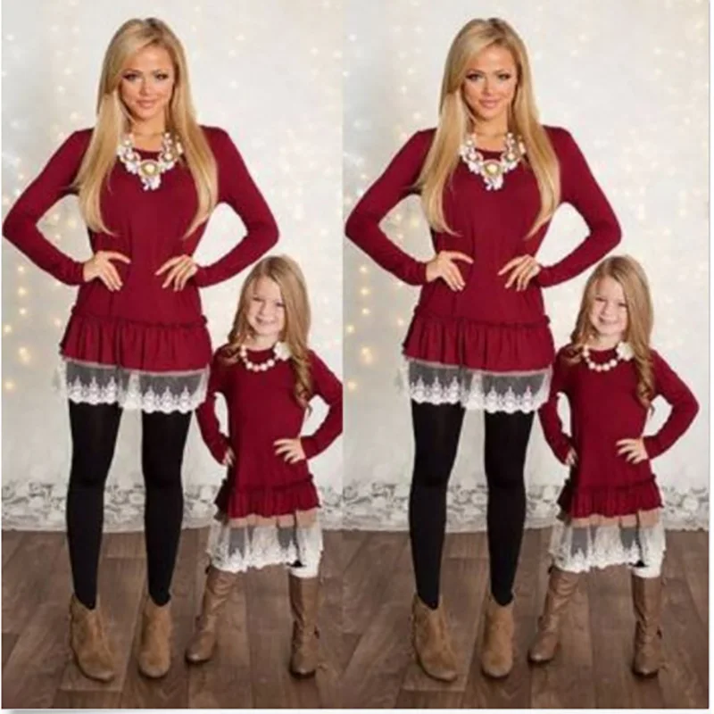 

Mommy and Me Clothes Fashion mother daughter dresses Lace Patchwork Red long sleeves Family Matching Clothes family outfits