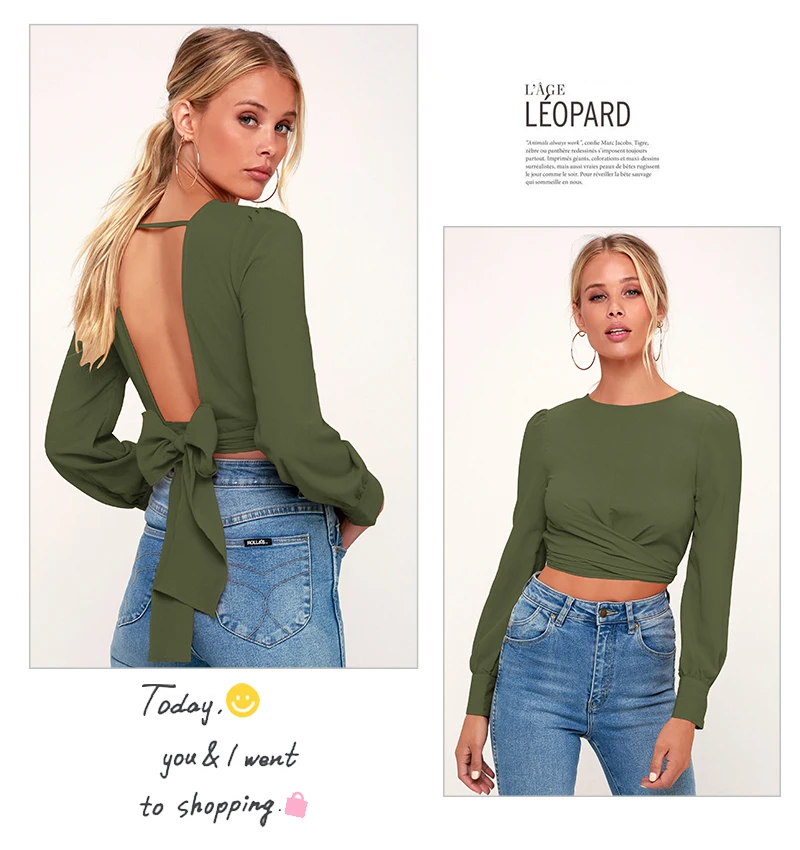 Backless Crop Top Mujer T Shirt Women Sexy Long Sleeve T Shirts Ladies Plus Size Tops Spring Short Tshirt Bandage Solid T-shirt  (14)