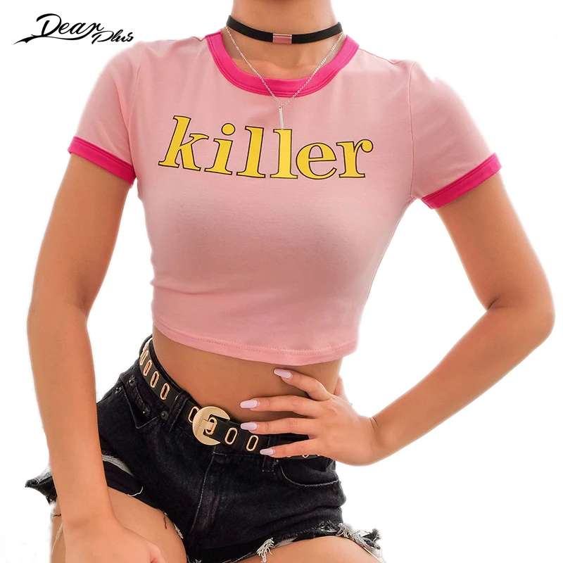 Round Neck Letter Print Summer Cotton T Shirt Women Color Block Patchwork Slim Fitness Crop Top Going Out Stretchy Tees | Женская одежда