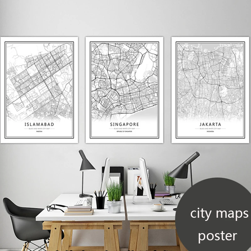 

COSY MOMENT Black White Poster City Map Abu Dhabi Tokyo Dubai Nordic Print Canvas Painting Wall Art Picture Nordic Poster ZS073