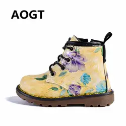 AOGT 2018 новый детские ботинки для девочек кожаные осенние ботинки martin модные милые цветы детская обувь для девочек зимние детские ботинки