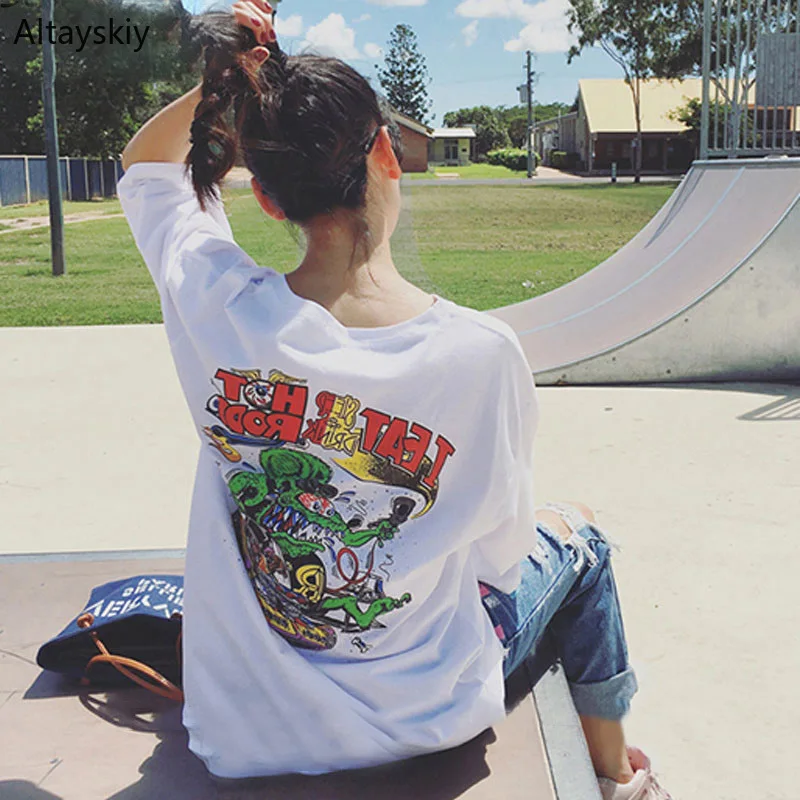 

T-shirts Women Simple Elegant Loose Soft Ladies Outwear All-match Students White Womens Summer Breathable Cartoon Long Korean