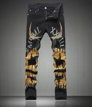 Fashion New Designer Man Painting Print Jeans Fashion Slim Black Long Trousers