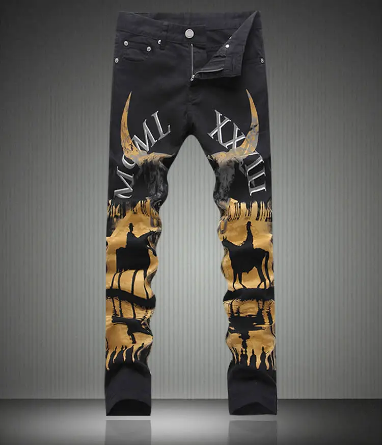 Fashion New Designer Man Painting Print font b Jeans b font Fashion Slim Black Long Trousers