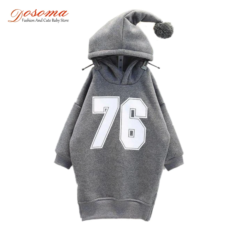 

Plus Velvet Thick Solid Girls Winter Dress 2016 Korean Casual Clothing For Girls Hairball Hooded Letters Long Kids Sweater Dress