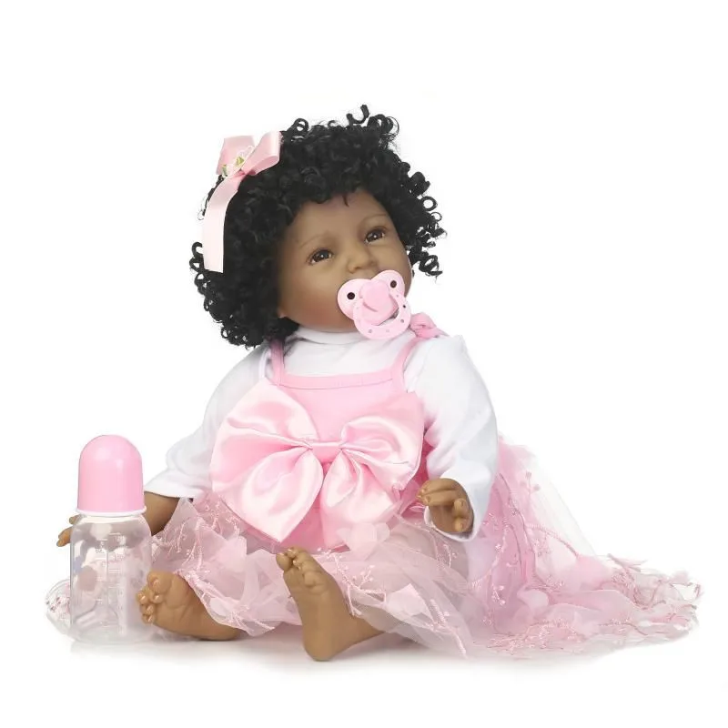 

NPK New 55CM Black Skin Boneca Bebe Reborn Dolls Soft Silicone Realistic Curls Hair Baby Doll Toys For Girls Birthday/Xmas Gift