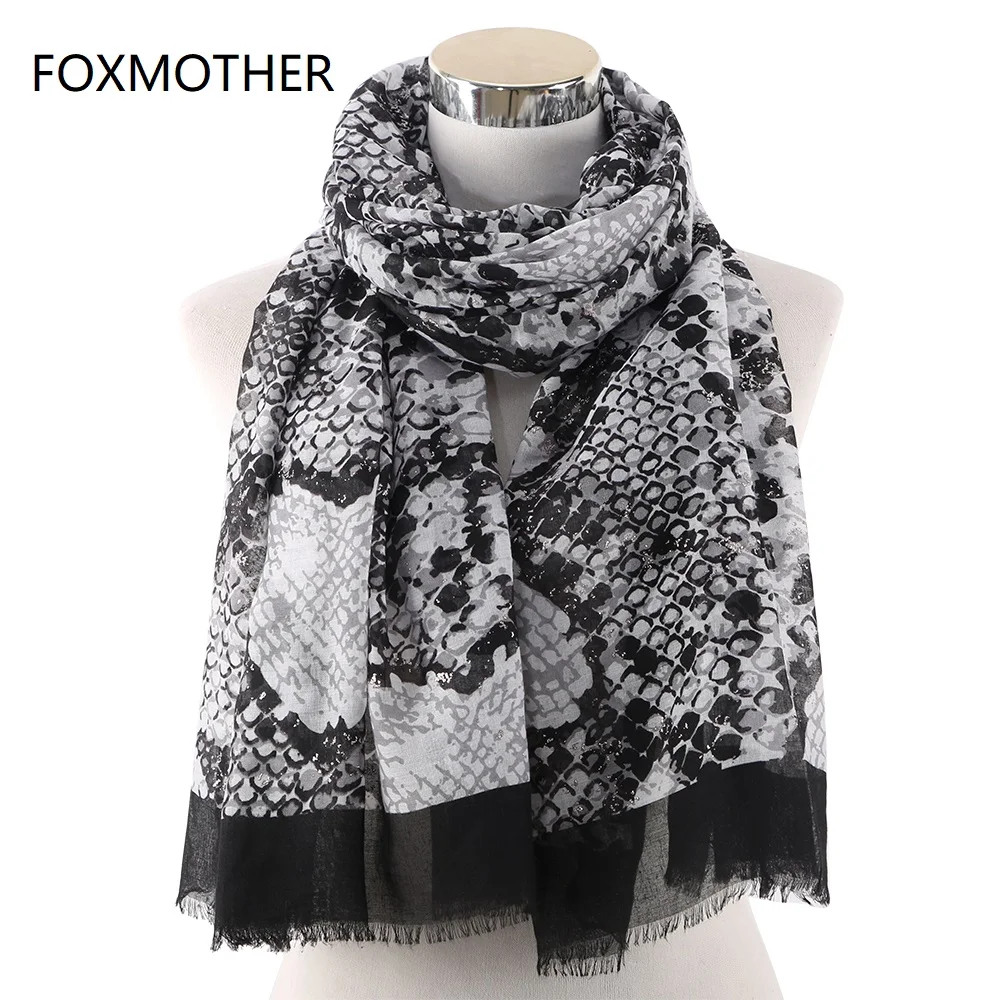 

FOXMOTHER Spring Snake Skin Scarfs Women Black Pink Color Beach Scarf Glitter Shawl Wraps Foulard Femme Hijab Scarf