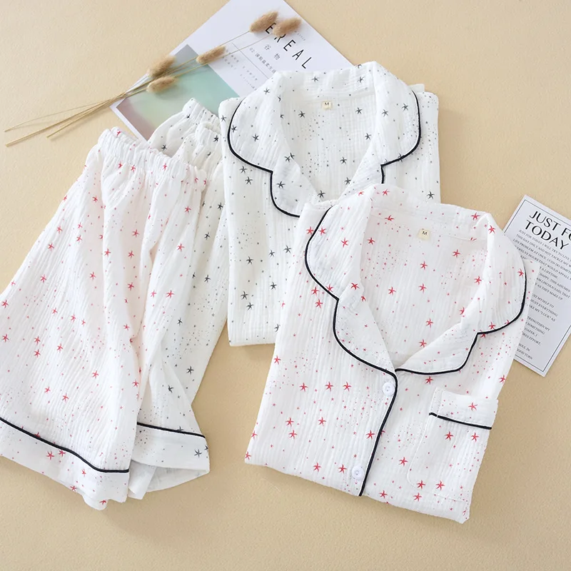 

QWEEK Sweet Print Sleepwear Two Piece Pleated Short Pants Pajama Double Gauze Cotton Home Clothes Summer Thin Cardigan Nightwear