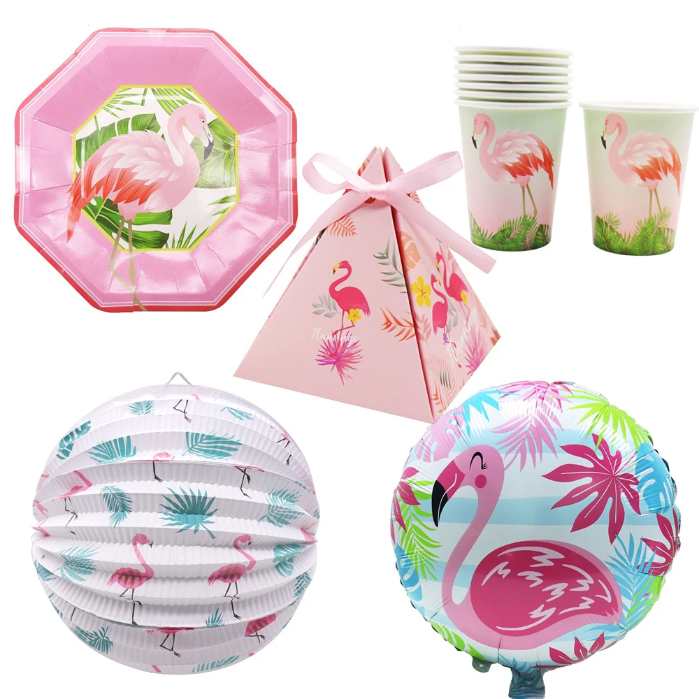 

Colorful Flamingo Disposable Tableware Set Candy Box Balloon Banners Ribbon For DIY Hawaii Birthday Baby Shower Party Supply