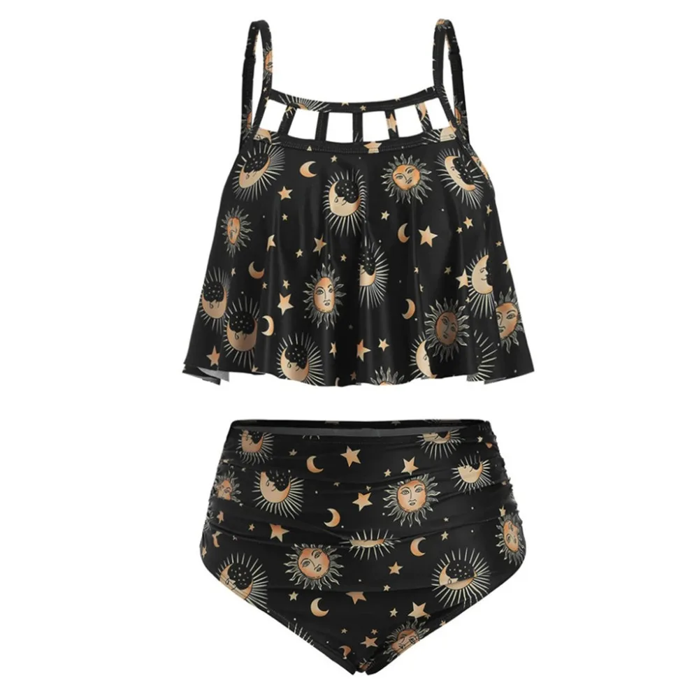 

Women Two Pieces Swimwear Sun Stars Moon Print Flounce Runched High Waisted Bikini Set womens bikini swimwear costume 15#
