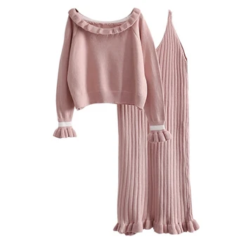 

sweaters women 2 pieces dress set 2018 winter new lady ruffles elegant knitted pullovers and slim sexy dresses suits