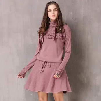 

Winter Dress 2017 SIPAIYA Lace Ruffles long sleeve Sweater Dress Turtleneck String Waist A-line Women Knitted Dresses A82075