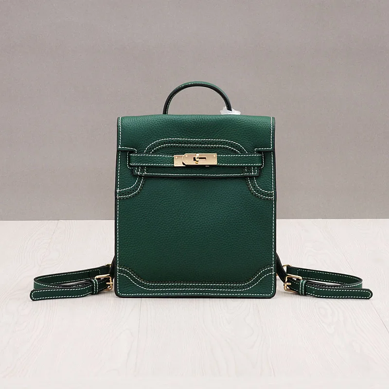 

PRAVESDA ladies Geniune cow leather lace stitching style Top-Handle Large Capacity backpack