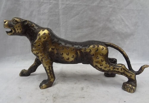 

JP S0608 11" Chinese Bronze Wealth Animals Wild Fierce Leopard Panther Statue Suclpture B0403