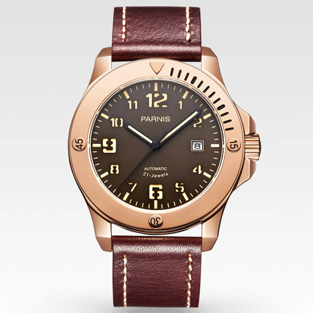 

44mm parnis Brown Dial Golden Plated Case Date Sapphire Crystal Miyota Automatic Mechanical Watches Male Clock relogio masculino