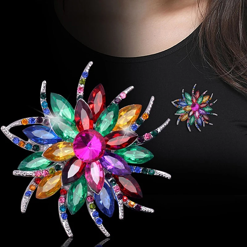 Fashion Colorful Rhinestone Large Flower Brooch Pin For Women Party Gift Clothes Accessories