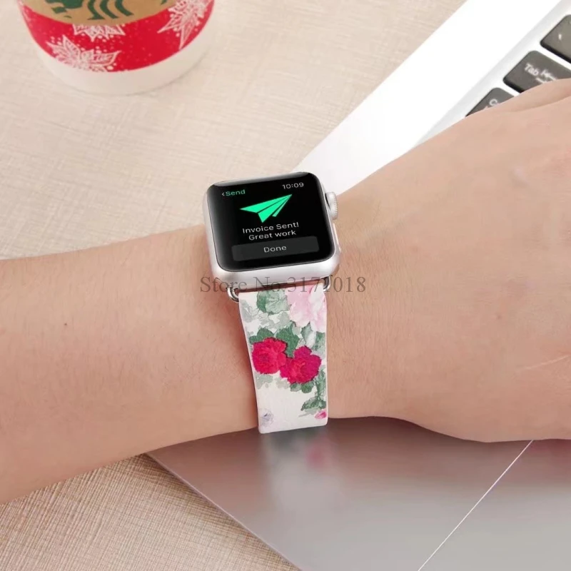 Китайский цветочный кожаный ремешок для часов Apple Watch 44 мм 42 38 Серия 1 2 3 4 браслет