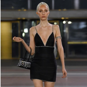 

2019 Fashion Women Elegant Black Sexy Diamonds Bandage Dress V Neck Spaghetti Strap Backless Mini Clubwear Vestidos Party Night