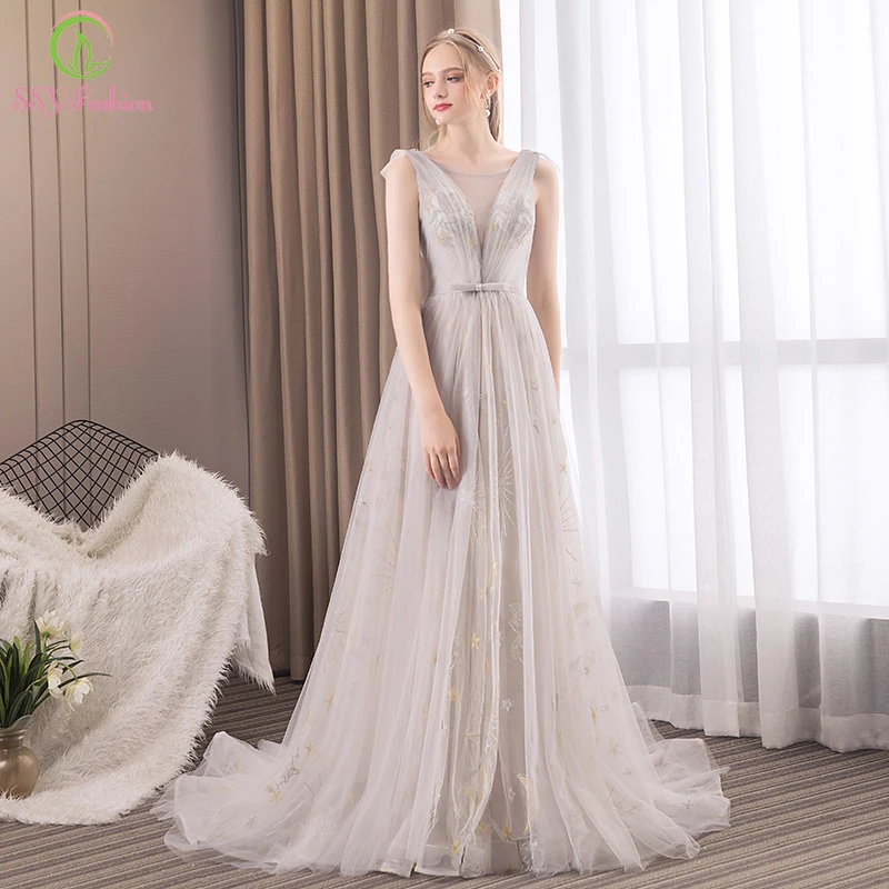 New Simple Light Grey Evening Dress Scoop Collar Floor Length Or