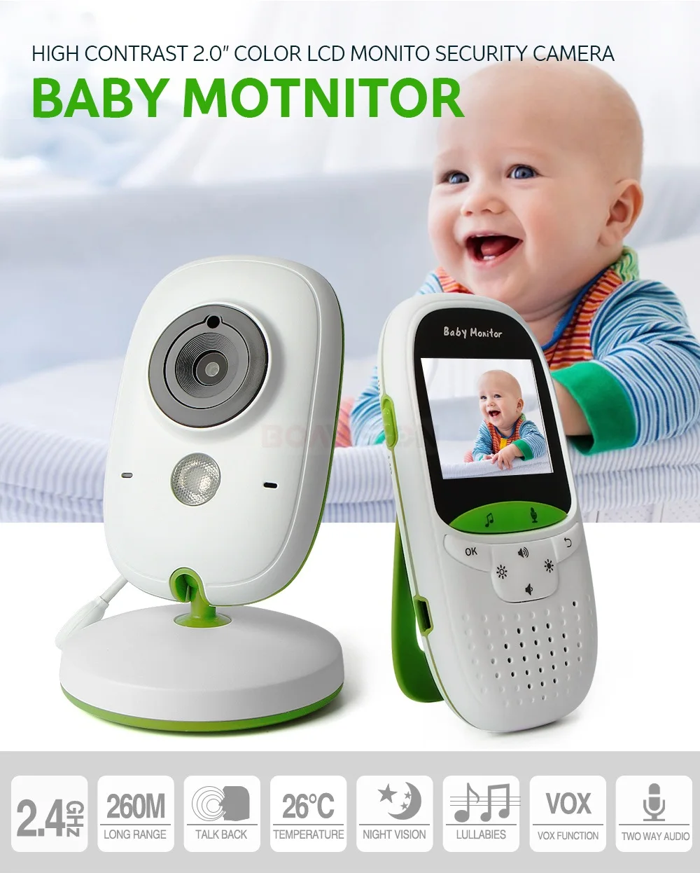 Baby Monitor VB602 IR Night Vision Temperature Monitor Lullabies Intercom VOX Mode Video Baby Camera Walkie Talkie Babysitter car security camera