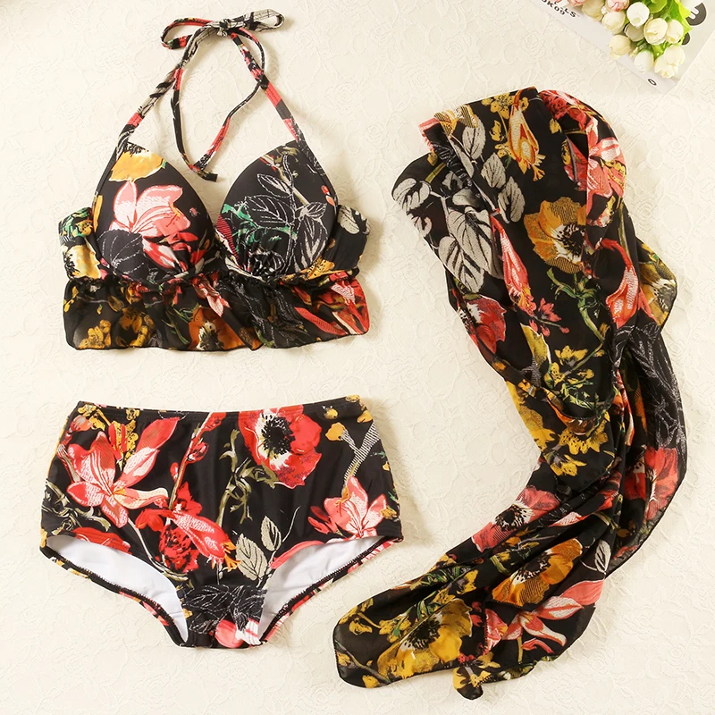 

2018 New Sexy Floral Bikini Push Up Swimwear Women Dress Bikini Set 3 Pieces Swimsuit Biquini Bathing Suit Female Bather