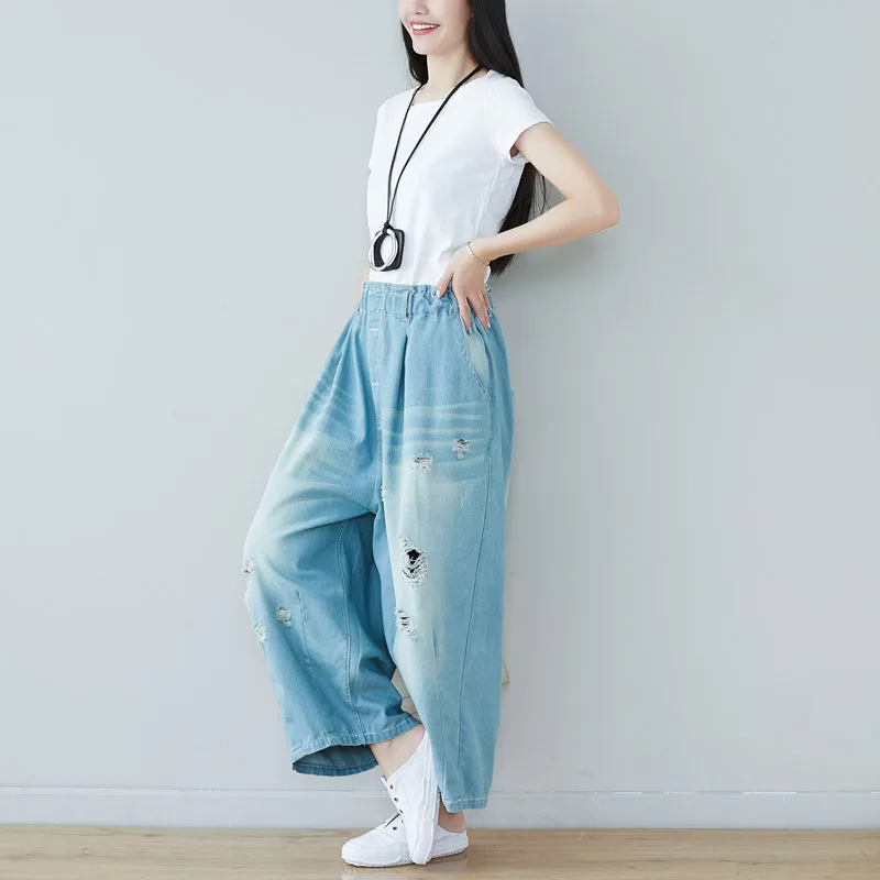 Новые винтажные брюки с дырками свободные женские брюки большого размера с эластичной резинкой на талии широкие хлопковые классические