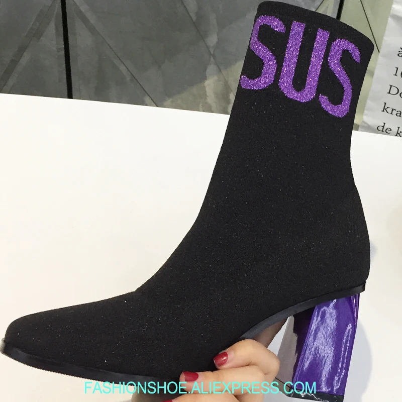 

2018 Stretch Knitting Sock Boots Mid Calf Block Heel Slim Women Boots Slip On Fashion Catwalk Ladies Shoes Woman Autumn Booties