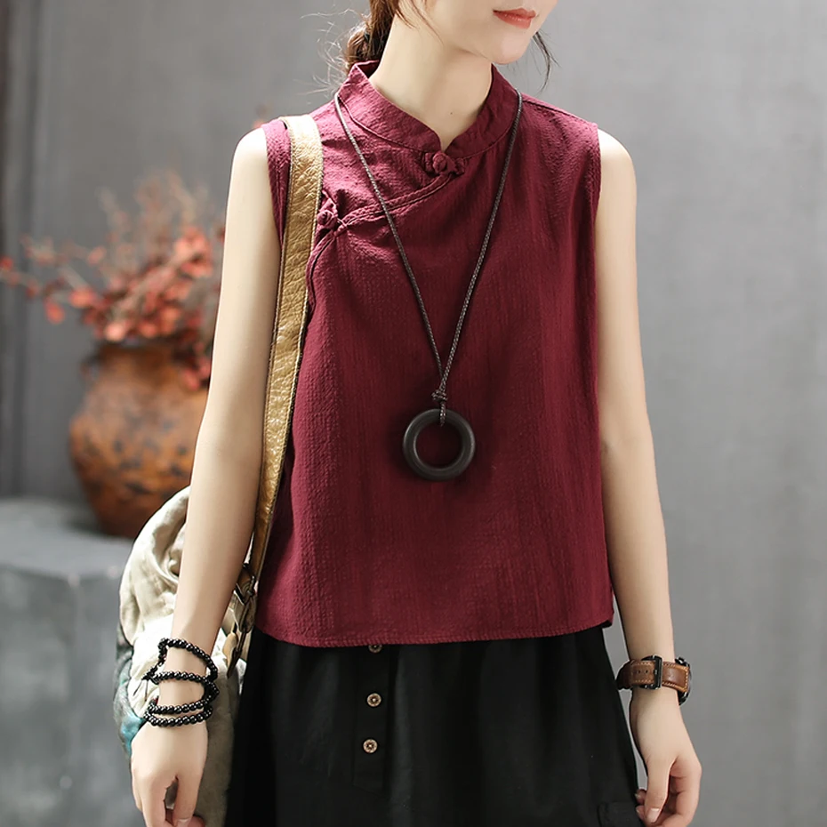 

Womens Cotton Linen Tees Tank Tops T Shirt Sleeveless Chinese Style Retro Vintage Fashion for Summer Stand AZ39542030